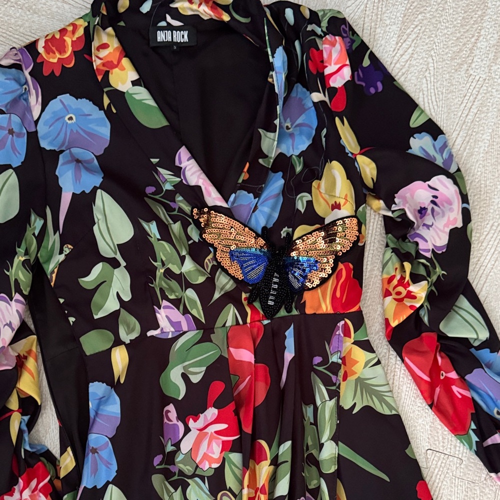 Black Floral Long-Sleeve Maxi Dress with Butterfly Detail - Picture 3 of 3